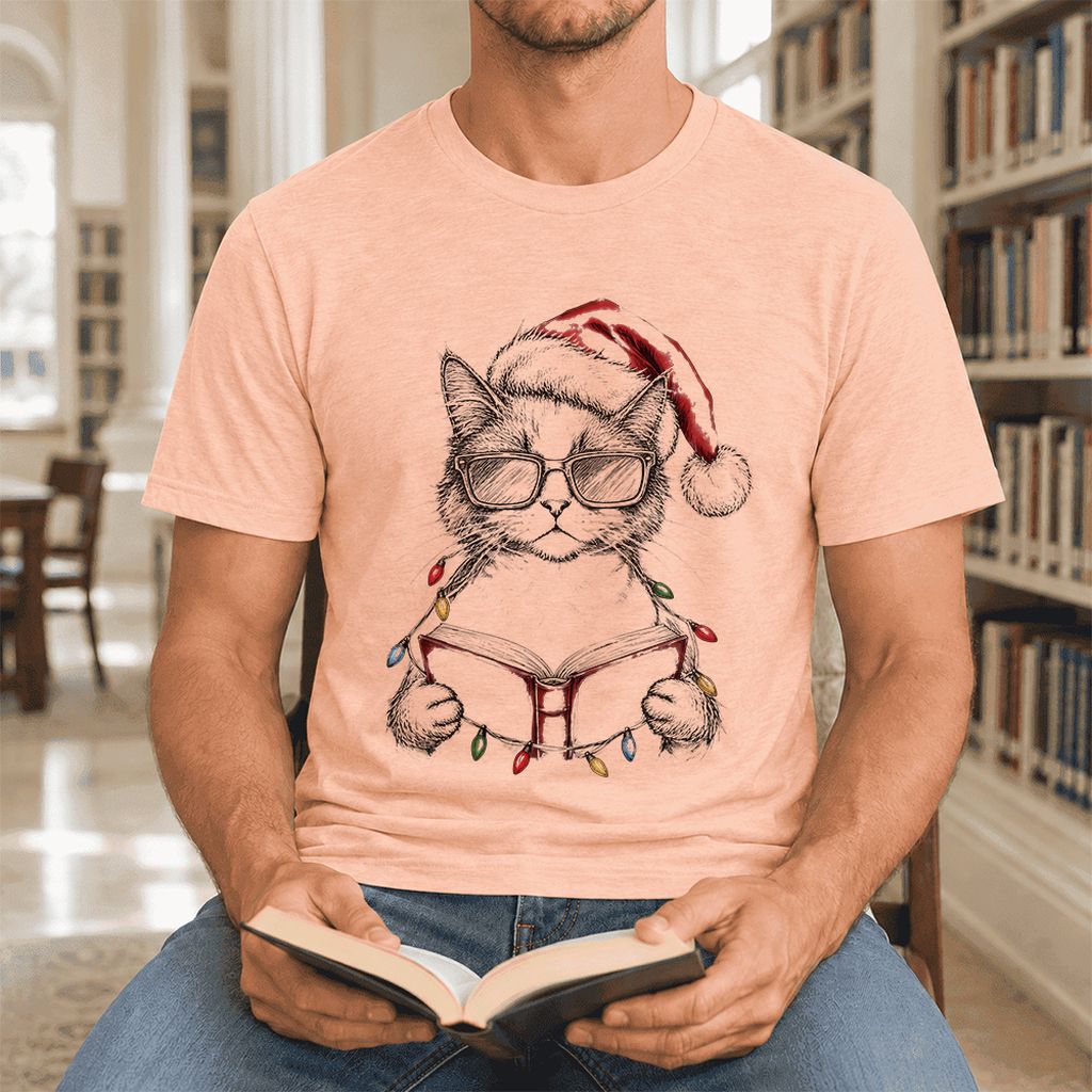 Cat Wearing Christmas Hat Ultra-Soft Cotton T-Shirt | Cat Lover Reader Gift Heather Peach