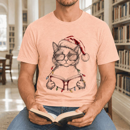 Cat Wearing Christmas Hat Ultra-Soft Cotton T-Shirt | Cat Lover Reader Gift Heather Peach