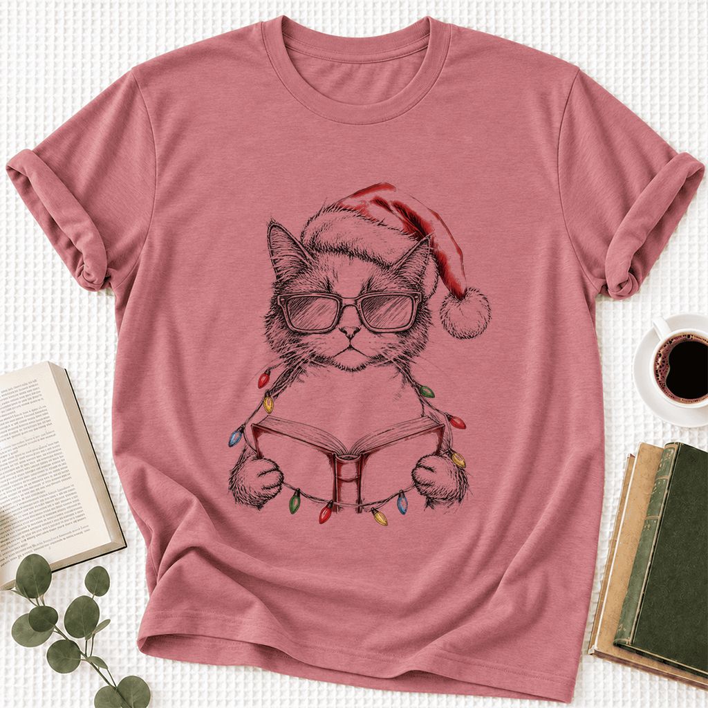 Cat Wearing Christmas Hat Ultra-Soft Cotton T-Shirt | Cat Lover Reader Gift Mauve