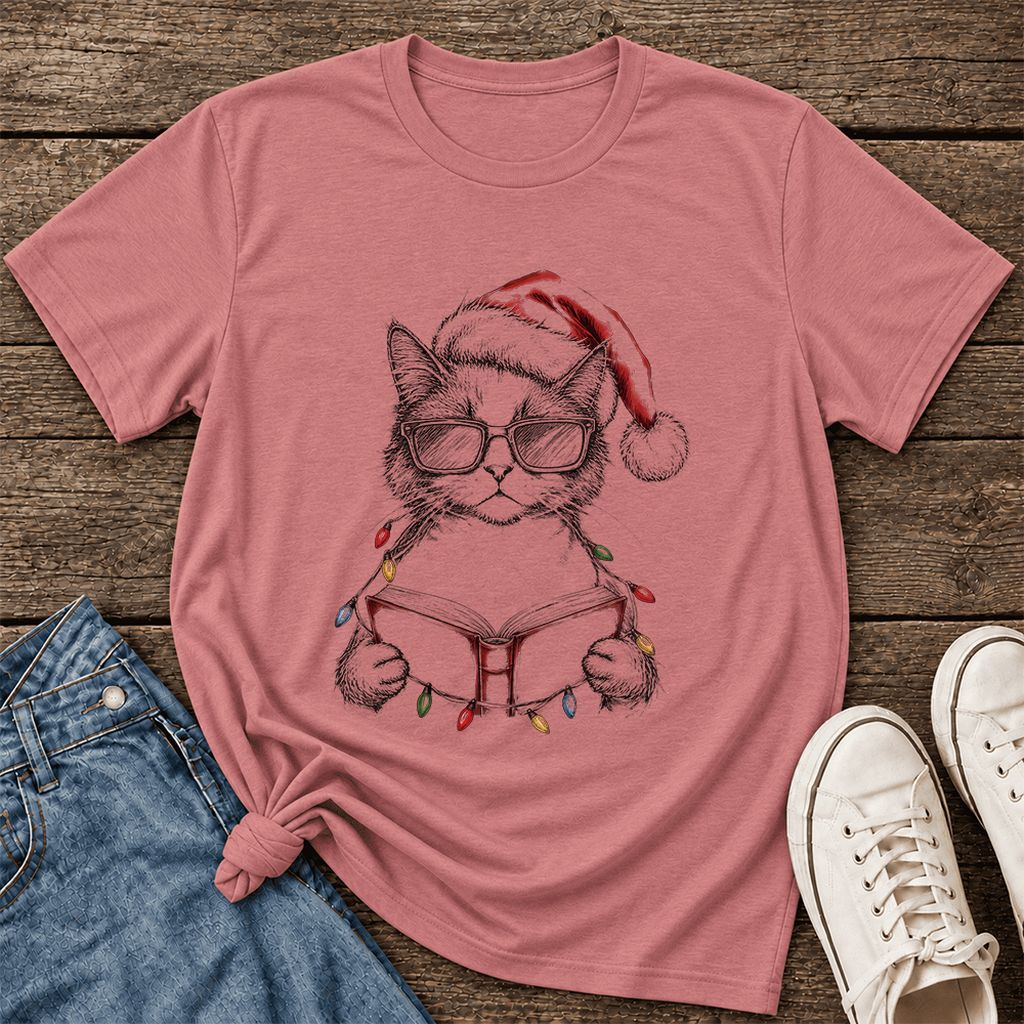 Cat Wearing Christmas Hat Ultra-Soft Cotton T-Shirt | Cat Lover Reader Gift Mauve