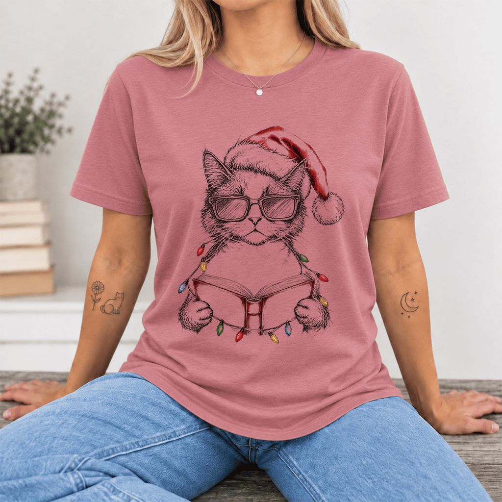 Cat Wearing Christmas Hat Ultra-Soft Cotton T-Shirt | Cat Lover Reader Gift Mauve