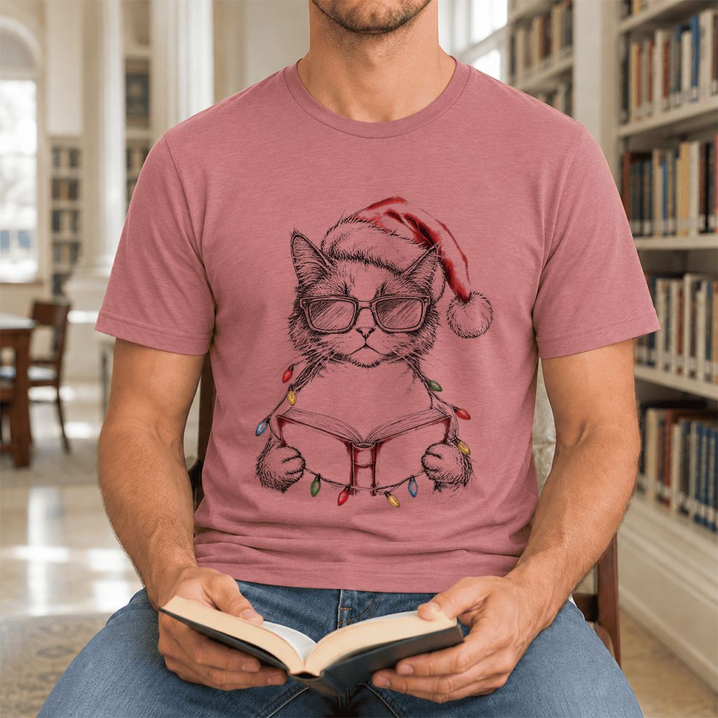 Cat Wearing Christmas Hat Ultra-Soft Cotton T-Shirt | Cat Lover Reader Gift Mauve