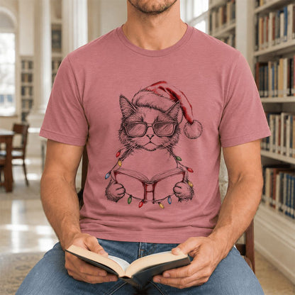 Cat Wearing Christmas Hat Ultra-Soft Cotton T-Shirt | Cat Lover Reader Gift Mauve