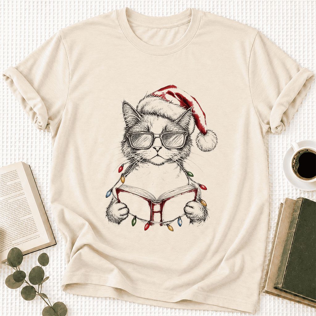 Cat Wearing Christmas Hat Ultra-Soft Cotton T-Shirt | Cat Lover Reader Gift Natural
