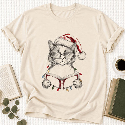 Cat Wearing Christmas Hat Ultra-Soft Cotton T-Shirt | Cat Lover Reader Gift Natural
