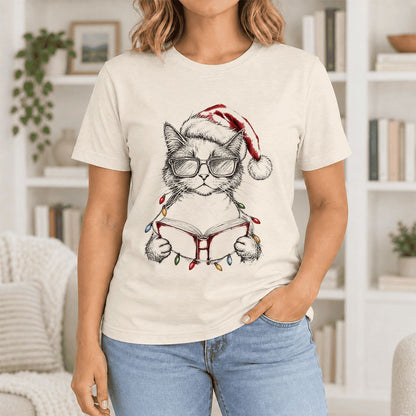 Cat Wearing Christmas Hat Ultra-Soft Cotton T-Shirt | Cat Lover Reader Gift Natural