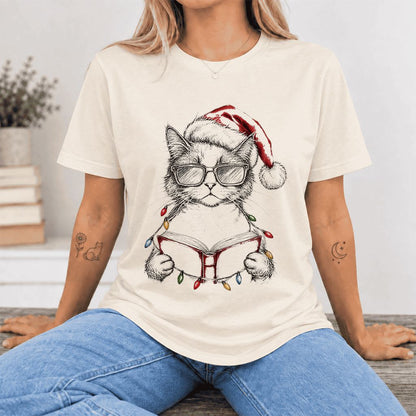 Cat Wearing Christmas Hat Ultra-Soft Cotton T-Shirt | Cat Lover Reader Gift Natural