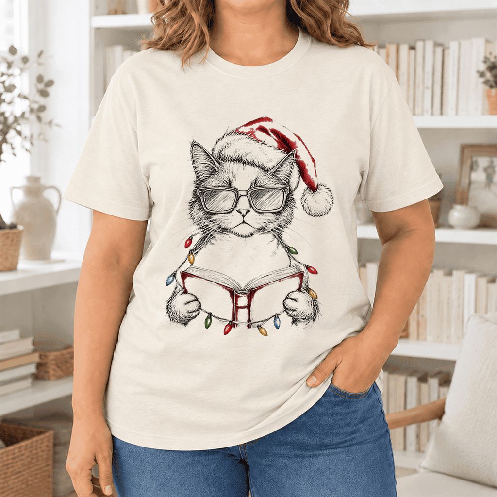 Cat Wearing Christmas Hat Ultra-Soft Cotton T-Shirt | Cat Lover Reader Gift Natural