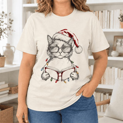 Cat Wearing Christmas Hat Ultra-Soft Cotton T-Shirt | Cat Lover Reader Gift Natural