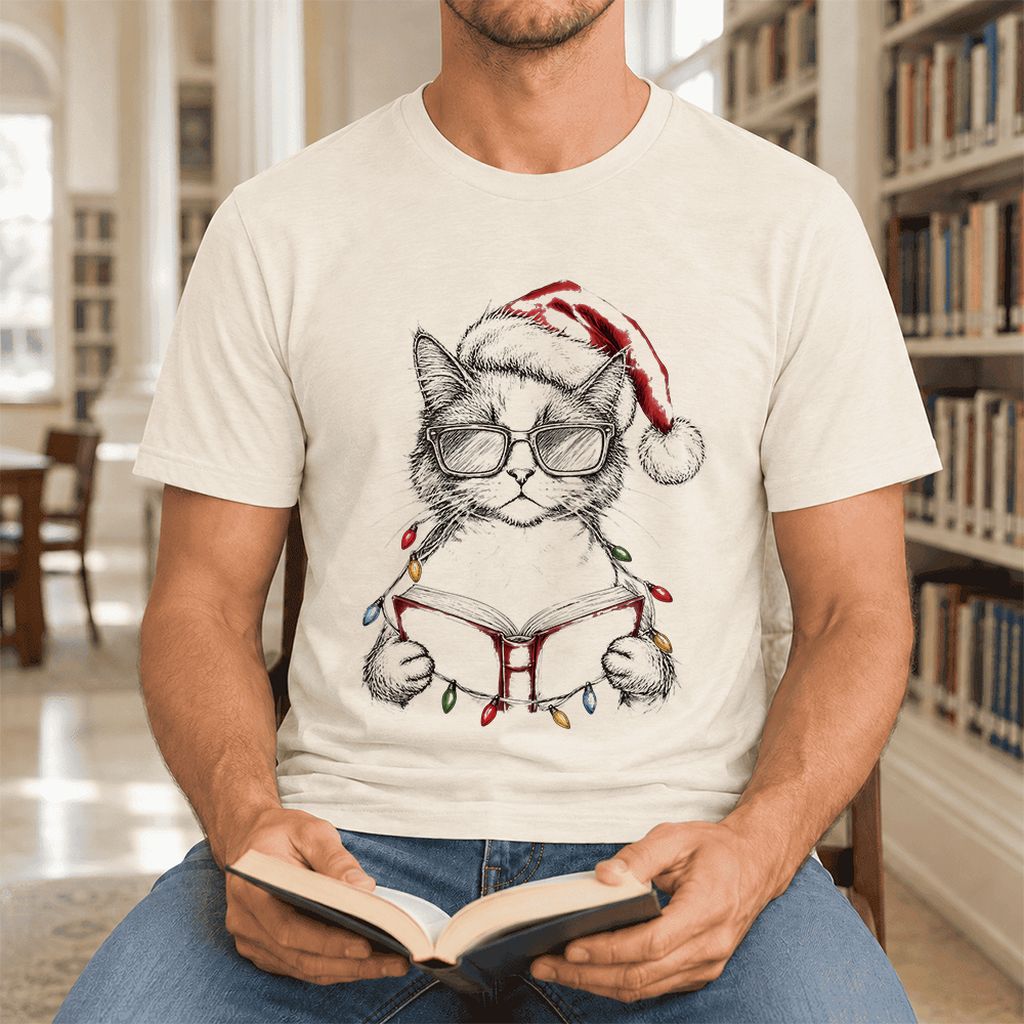 Cat Wearing Christmas Hat Ultra-Soft Cotton T-Shirt | Cat Lover Reader Gift Natural