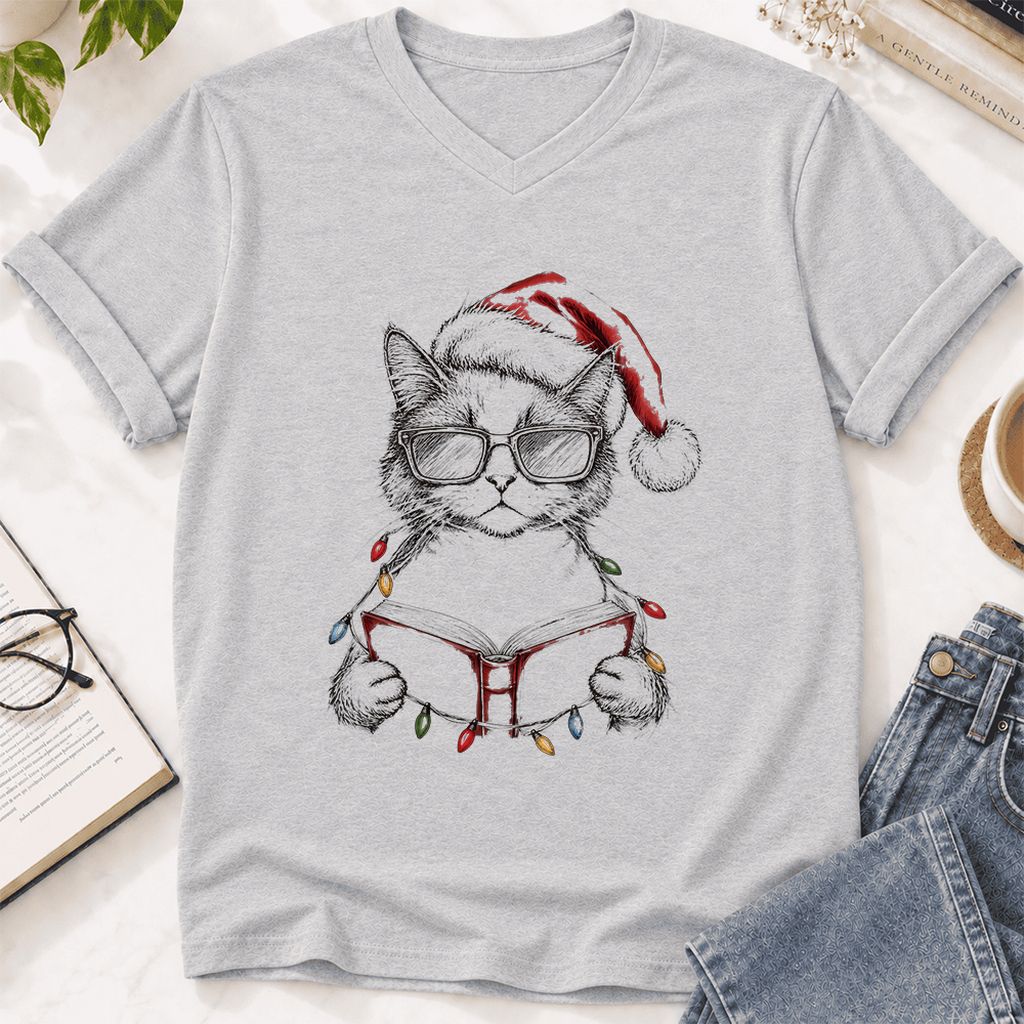 Cat Wearing Christmas Hat Ultra-Soft V-Neck | Cat Lover Reader Gift Ash