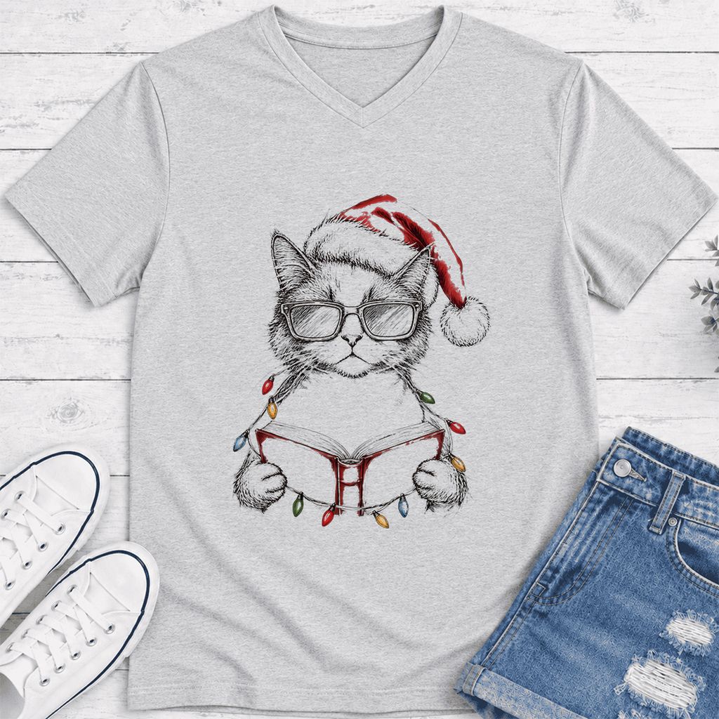 Cat Wearing Christmas Hat Ultra-Soft V-Neck | Cat Lover Reader Gift Ash