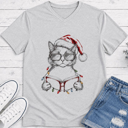 Cat Wearing Christmas Hat Ultra-Soft V-Neck | Cat Lover Reader Gift Ash