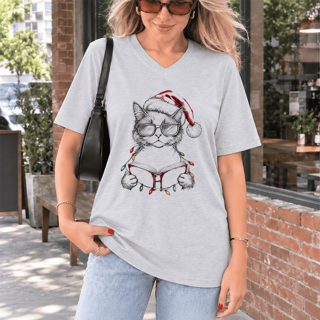 Cat Wearing Christmas Hat Ultra-Soft V-Neck | Cat Lover Reader Gift Ash