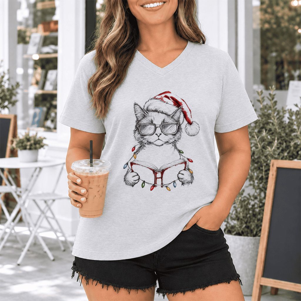 Cat Wearing Christmas Hat Ultra-Soft V-Neck | Cat Lover Reader Gift Ash