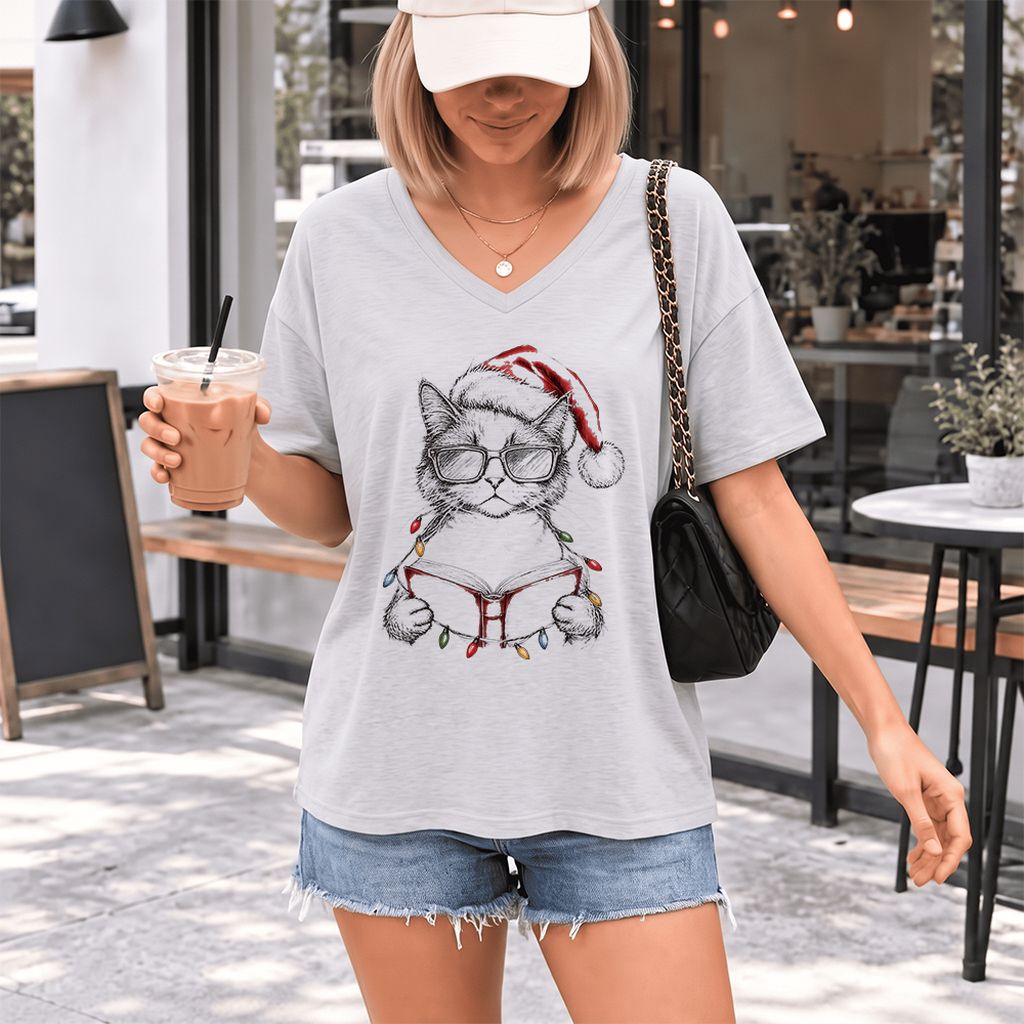 Cat Wearing Christmas Hat Ultra-Soft V-Neck | Cat Lover Reader Gift Ash