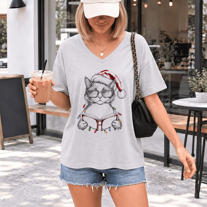 Cat Wearing Christmas Hat Ultra-Soft V-Neck | Cat Lover Reader Gift Ash