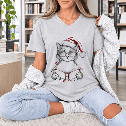 Cat Wearing Christmas Hat Ultra-Soft V-Neck | Cat Lover Reader Gift Ash