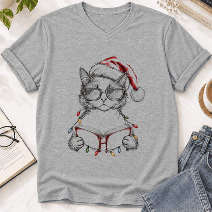 Cat Wearing Christmas Hat Ultra-Soft V-Neck | Cat Lover Reader Gift Athletic Heather