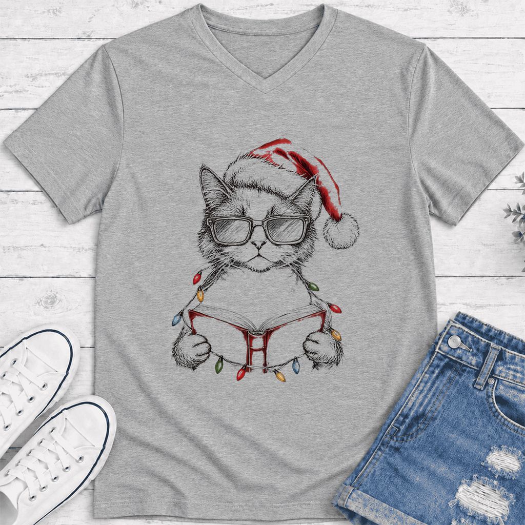 Cat Wearing Christmas Hat Ultra-Soft V-Neck | Cat Lover Reader Gift Athletic Heather