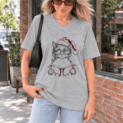 Cat Wearing Christmas Hat Ultra-Soft V-Neck | Cat Lover Reader Gift Athletic Heather