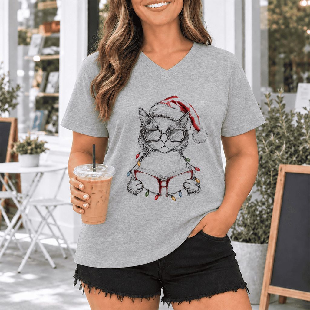 Cat Wearing Christmas Hat Ultra-Soft V-Neck | Cat Lover Reader Gift Athletic Heather