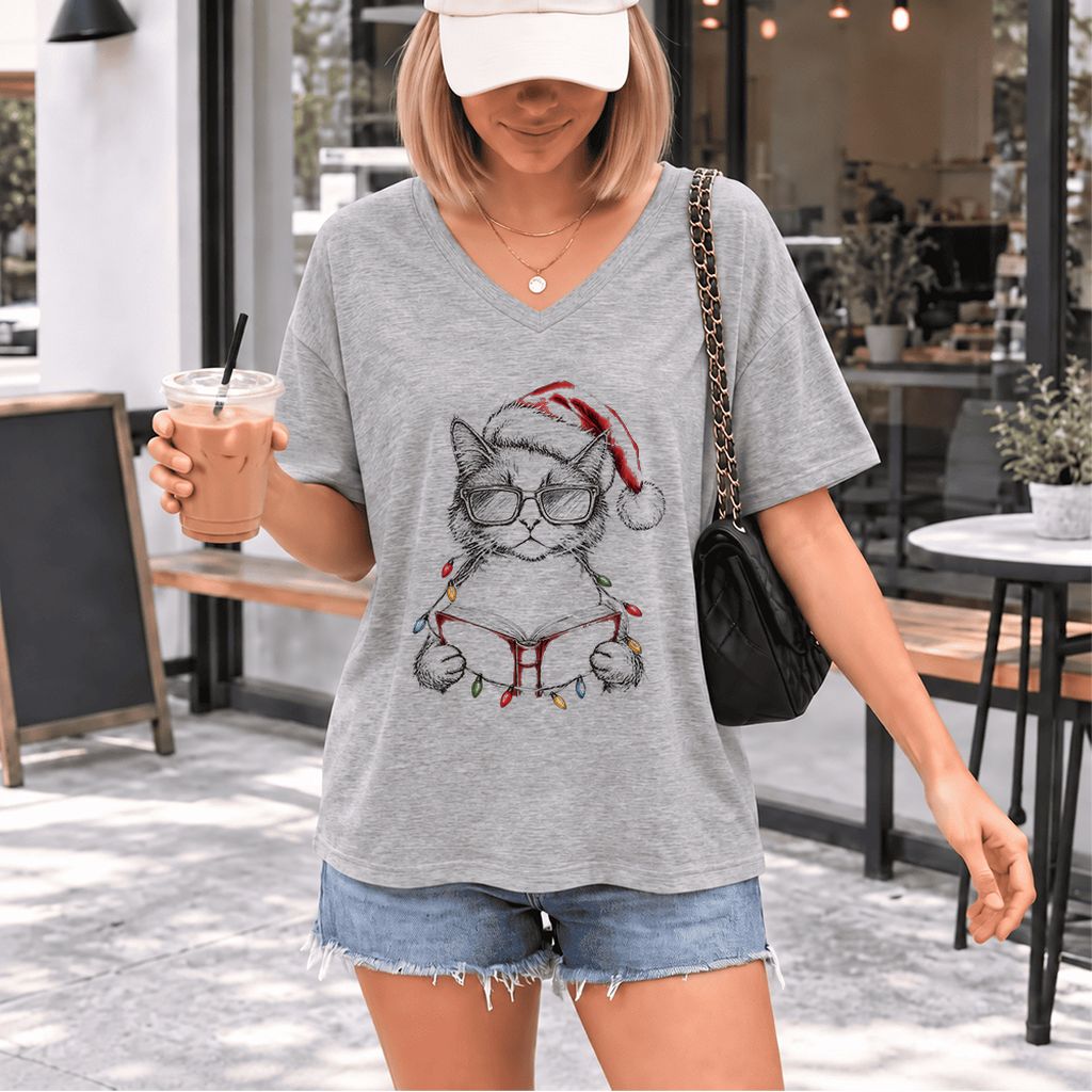 Cat Wearing Christmas Hat Ultra-Soft V-Neck | Cat Lover Reader Gift Athletic Heather