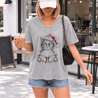 Cat Wearing Christmas Hat Ultra-Soft V-Neck | Cat Lover Reader Gift Athletic Heather