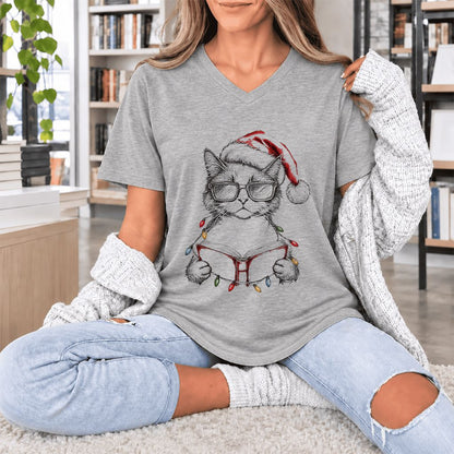 Cat Wearing Christmas Hat Ultra-Soft V-Neck | Cat Lover Reader Gift Athletic Heather