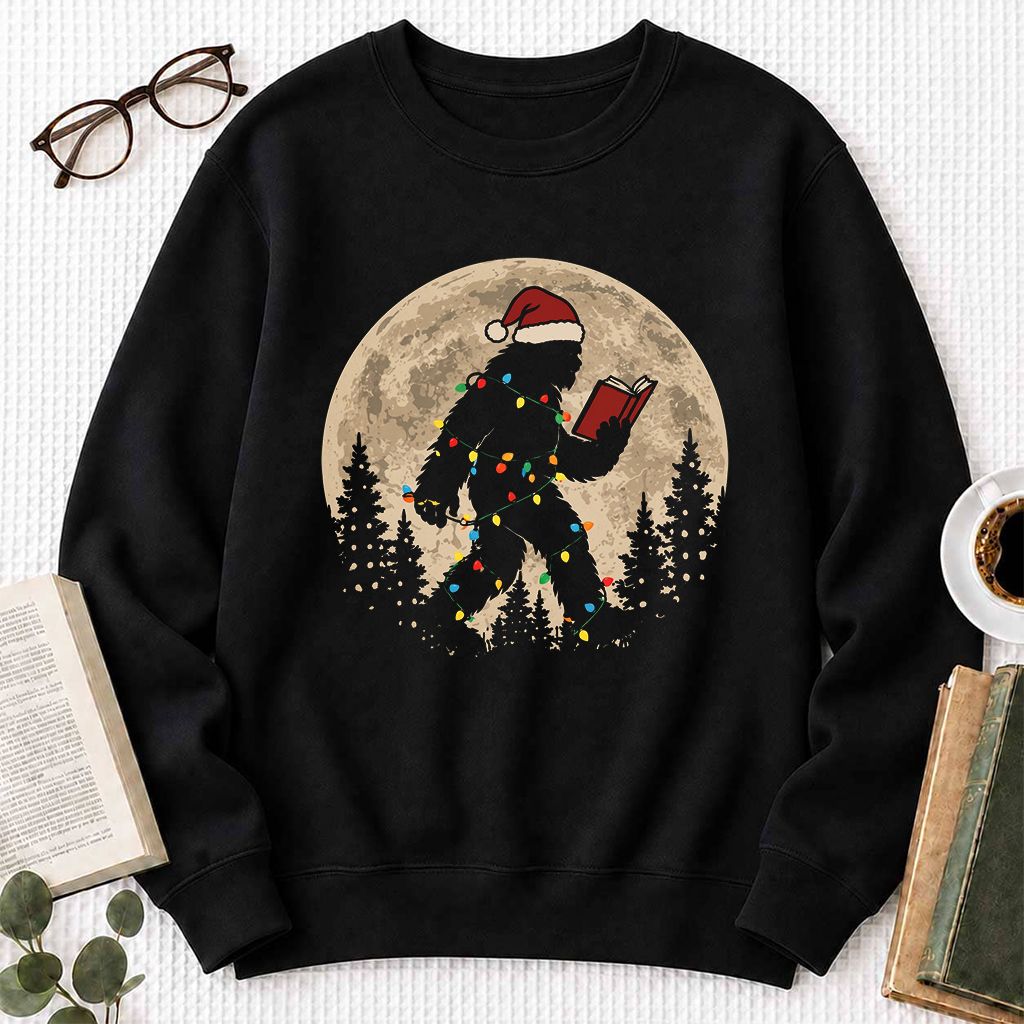 Big Foot Wearing Christmas Hat Printed Sweatshirt | Christmas Reader Gift Black