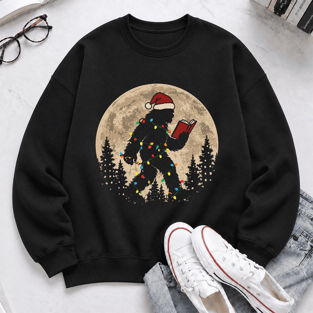 Big Foot Wearing Christmas Hat Printed Sweatshirt | Christmas Reader Gift Black