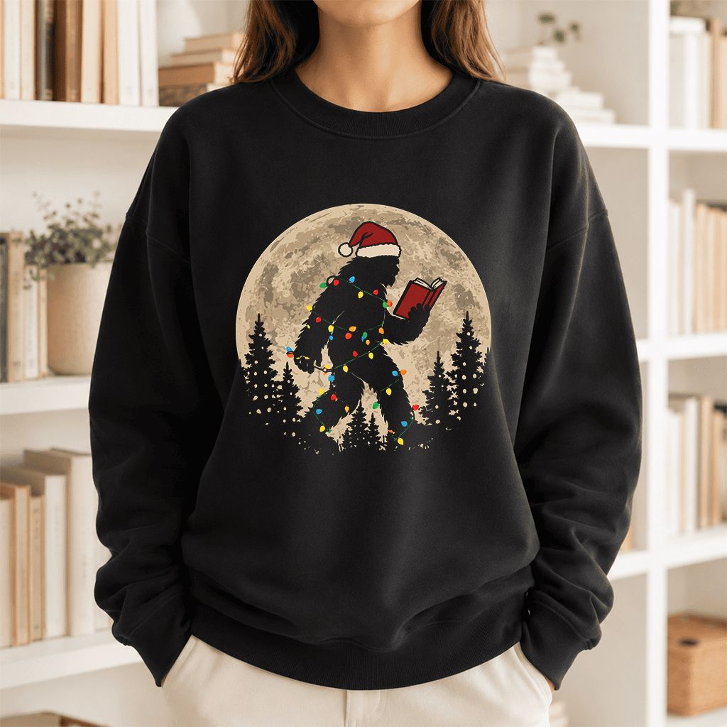 Big Foot Wearing Christmas Hat Printed Sweatshirt | Christmas Reader Gift Black