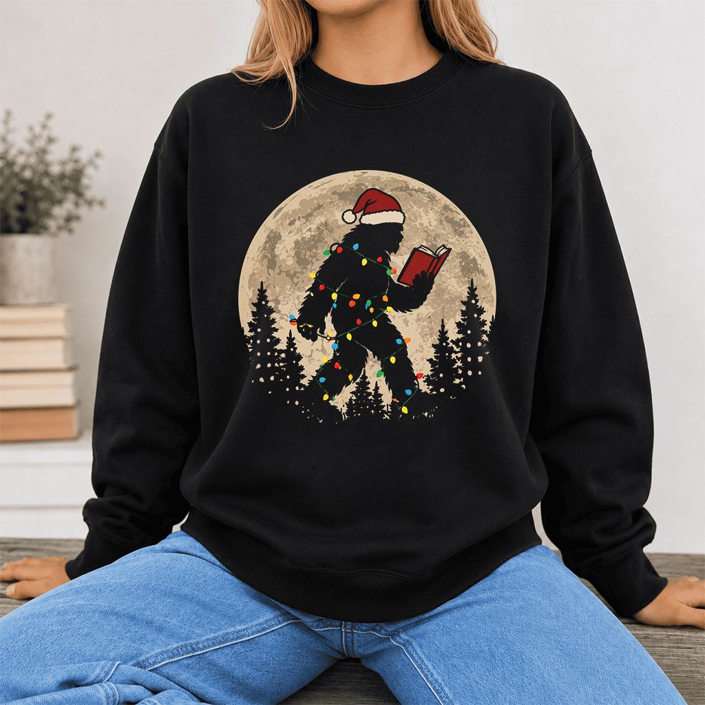 Big Foot Wearing Christmas Hat Printed Sweatshirt | Christmas Reader Gift Black