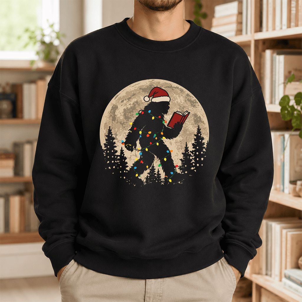 Big Foot Wearing Christmas Hat Printed Sweatshirt | Christmas Reader Gift Black