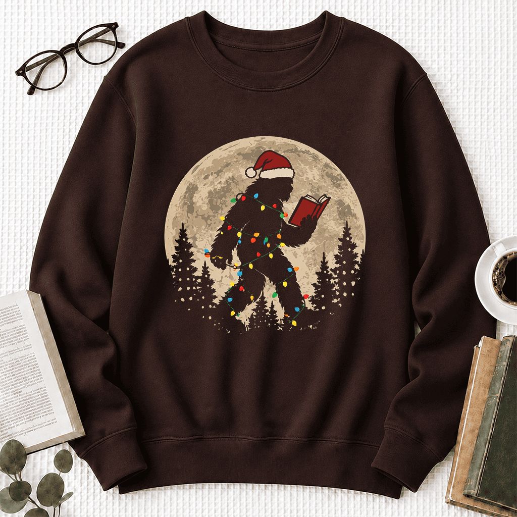 Big Foot Wearing Christmas Hat Printed Sweatshirt | Christmas Reader Gift Dark Chocolate