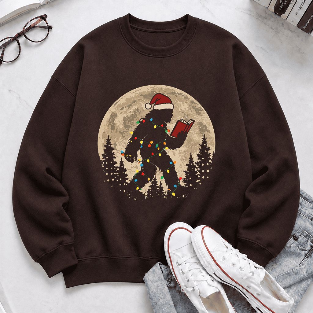 Big Foot Wearing Christmas Hat Printed Sweatshirt | Christmas Reader Gift Dark Chocolate