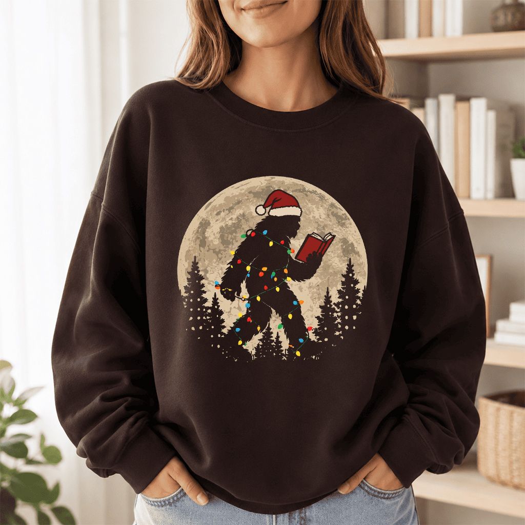 Big Foot Wearing Christmas Hat Printed Sweatshirt | Christmas Reader Gift Dark Chocolate