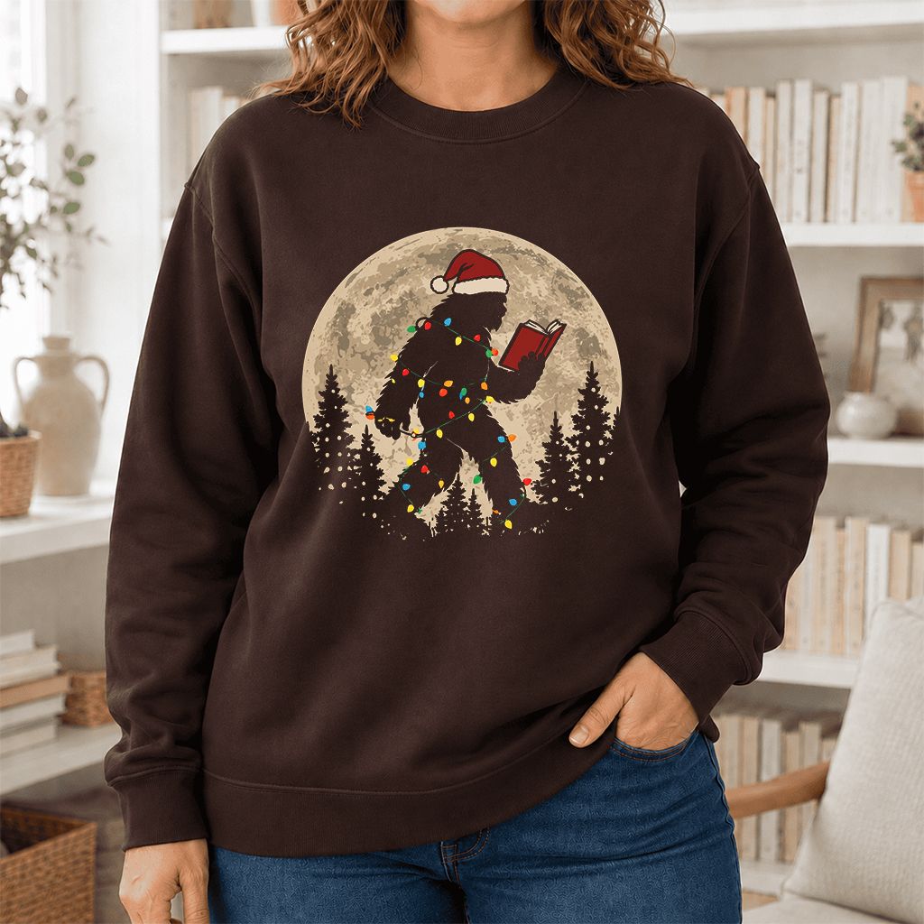 Big Foot Wearing Christmas Hat Printed Sweatshirt | Christmas Reader Gift Dark Chocolate