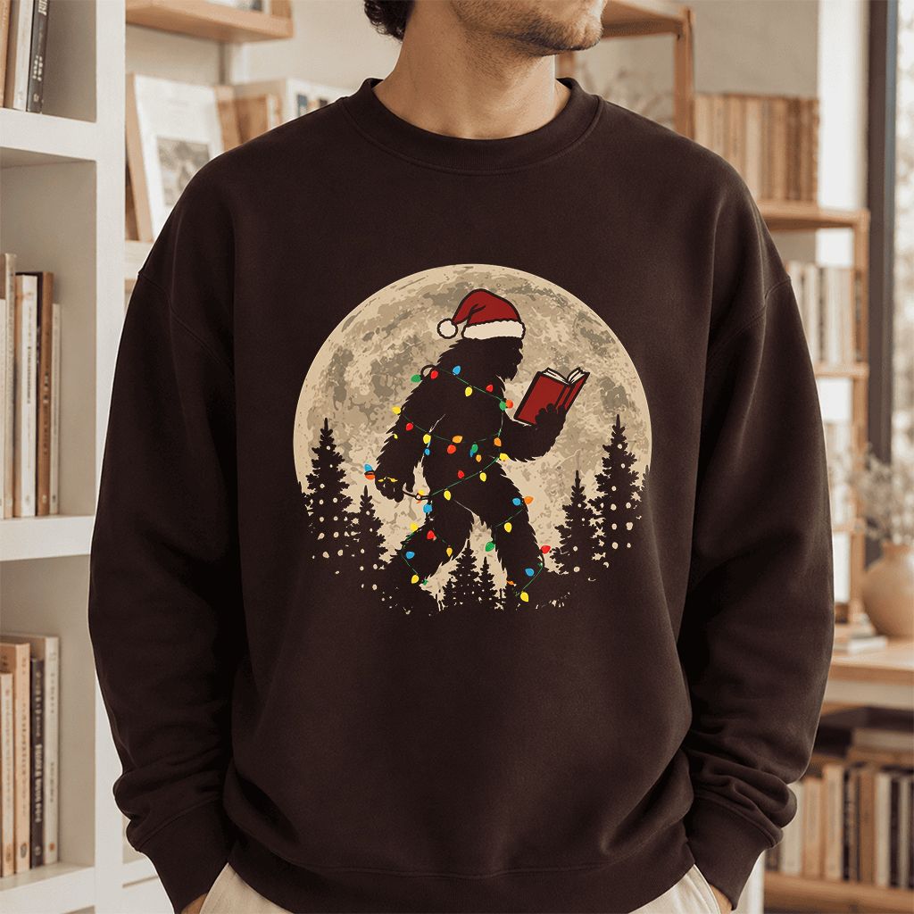 Big Foot Wearing Christmas Hat Printed Sweatshirt | Christmas Reader Gift Dark Chocolate