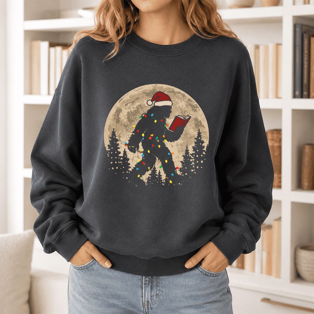 Big Foot Wearing Christmas Hat Printed Sweatshirt | Christmas Reader Gift Dark Heather