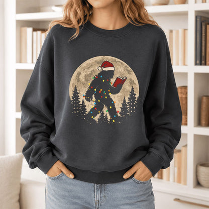 Big Foot Wearing Christmas Hat Printed Sweatshirt | Christmas Reader Gift Dark Heather