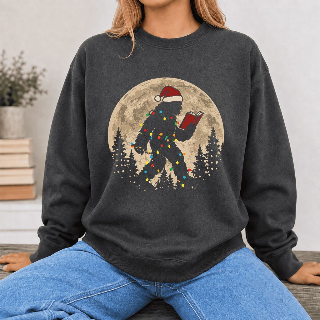 Big Foot Wearing Christmas Hat Printed Sweatshirt | Christmas Reader Gift Dark Heather
