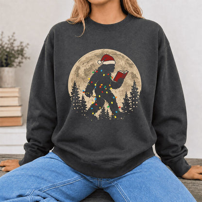 Big Foot Wearing Christmas Hat Printed Sweatshirt | Christmas Reader Gift Dark Heather