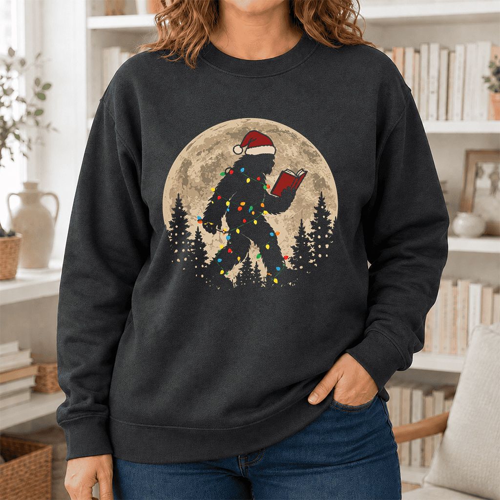 Big Foot Wearing Christmas Hat Printed Sweatshirt | Christmas Reader Gift Dark Heather