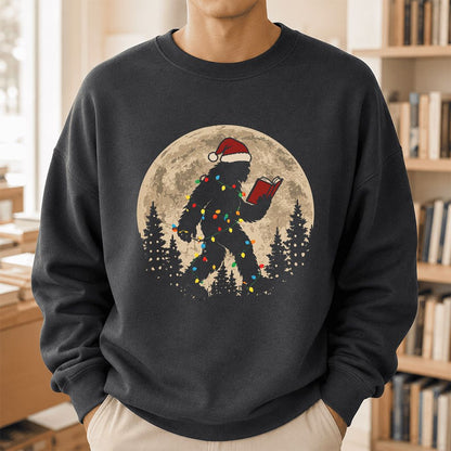 Big Foot Wearing Christmas Hat Printed Sweatshirt | Christmas Reader Gift Dark Heather
