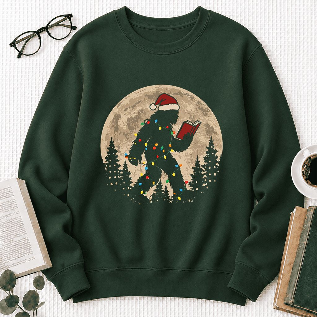 Big Foot Wearing Christmas Hat Printed Sweatshirt | Christmas Reader Gift Forest Green