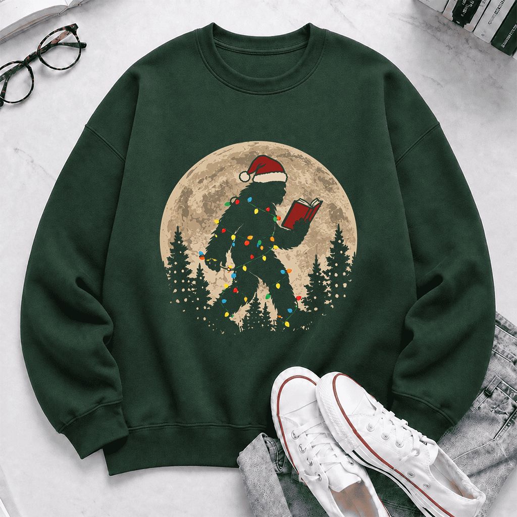 Big Foot Wearing Christmas Hat Printed Sweatshirt | Christmas Reader Gift Forest Green