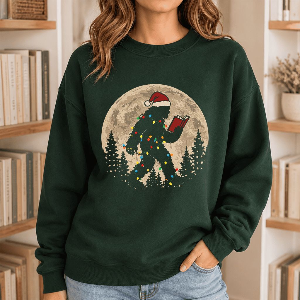 Big Foot Wearing Christmas Hat Printed Sweatshirt | Christmas Reader Gift Forest Green