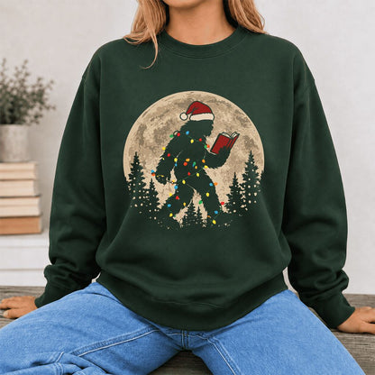 Big Foot Wearing Christmas Hat Printed Sweatshirt | Christmas Reader Gift Forest Green