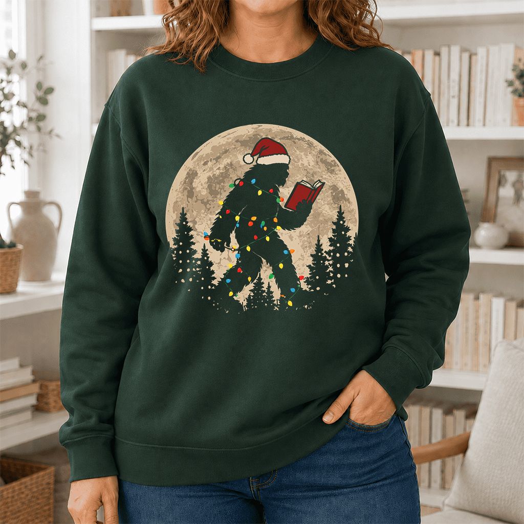 Big Foot Wearing Christmas Hat Printed Sweatshirt | Christmas Reader Gift Forest Green